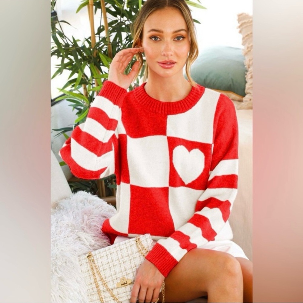 Heart Print Sweater in Red and White Checkered Sweater